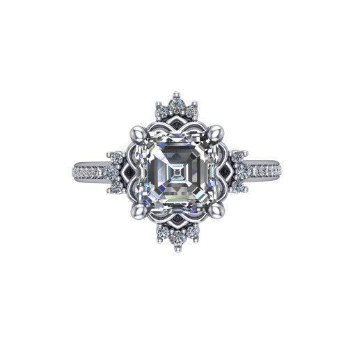 Jayla square emerald solitaire engagement ring in Platinum, top-down view showing the step-cut square emerald center diamond framed by scalloped floral petals with accent diamonds