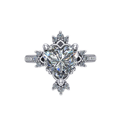 Jayla heart solitaire engagement ring in 18K White Gold, top-down view showing the brilliant heart-shaped center diamond framed by scalloped floral petals with accent diamonds