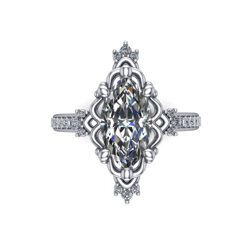 Jayla marquise solitaire engagement ring in 14K White Gold, top-down view showing the brilliant marquise center diamond framed by scalloped floral petals with accent diamonds