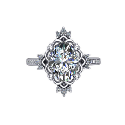 Jayla oval solitaire engagement ring in 14K White Gold, top-down view showing the brilliant oval center diamond framed by scalloped floral petals with accent diamonds