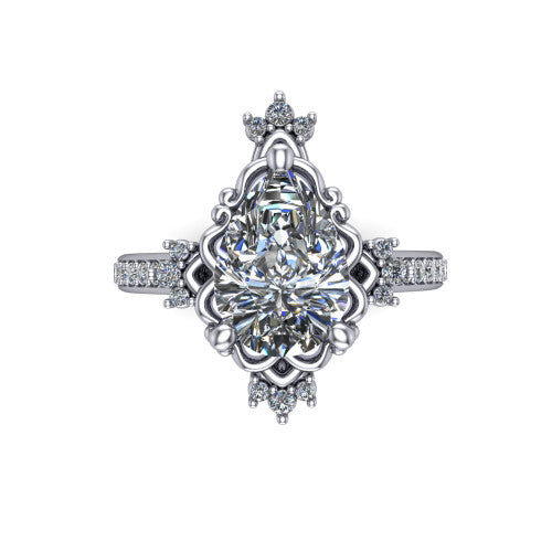 Jayla pear solitaire engagement ring in 18K White Gold, top-down view showing the brilliant pear-cut center diamond framed by scalloped floral petals with accent diamonds
