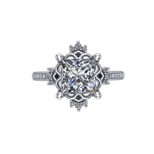Jayla princess solitaire engagement ring in 18K White Gold, top-down view showing the brilliant princess-cut center diamond framed by scalloped floral petals with accent diamonds