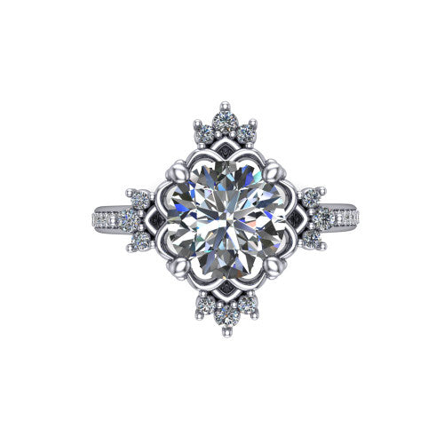 Jayla round solitaire engagement ring in 18K White Gold, top-down view showing the brilliant round center diamond framed by scalloped floral petals with accent diamonds