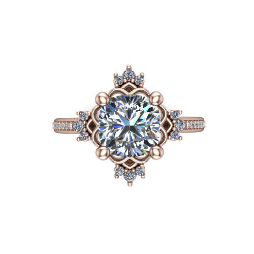 Jayla cushion solitaire engagement ring in 14K Rose Gold, top-down view showing the brilliant cushion-cut center diamond framed by scalloped floral petals with accent diamonds