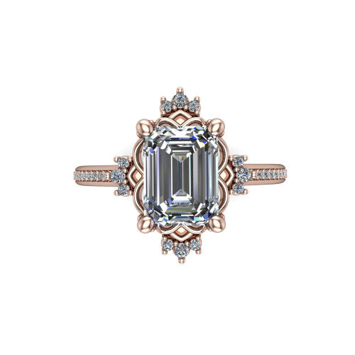 Jayla emerald solitaire engagement ring in 18K Rose Gold, top-down view showing the step-cut emerald center diamond framed by scalloped floral petals with accent diamonds