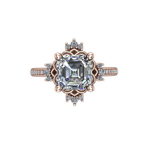 Jayla square emerald solitaire engagement ring in 18K Rose Gold, top-down view showing the step-cut square emerald center diamond framed by scalloped floral petals with accent diamonds
