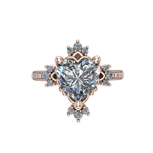 Jayla heart solitaire engagement ring in 18K Rose Gold, top-down view showing the brilliant heart-shaped center diamond framed by scalloped floral petals with accent diamonds