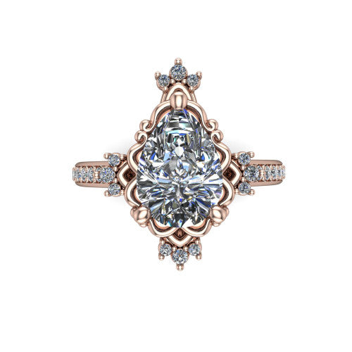 Jayla pear solitaire engagement ring in 18K Rose Gold, top-down view showing the brilliant pear-cut center diamond framed by scalloped floral petals with accent diamonds