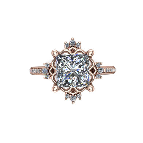 Jayla princess solitaire engagement ring in 18K Rose Gold, top-down view showing the brilliant princess-cut center diamond framed by scalloped floral petals with accent diamonds