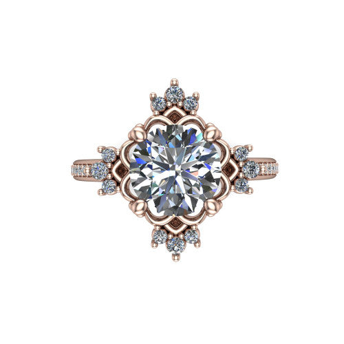 Jayla round solitaire engagement ring in 14K Rose Gold, top-down view showing the brilliant round center diamond framed by scalloped floral petals with accent diamonds