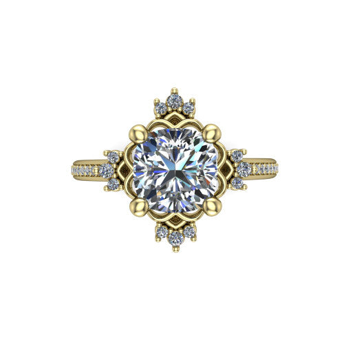 Jayla cushion solitaire engagement ring in 14K Yellow Gold, top-down view showing the brilliant cushion-cut center diamond framed by scalloped floral petals with accent diamonds