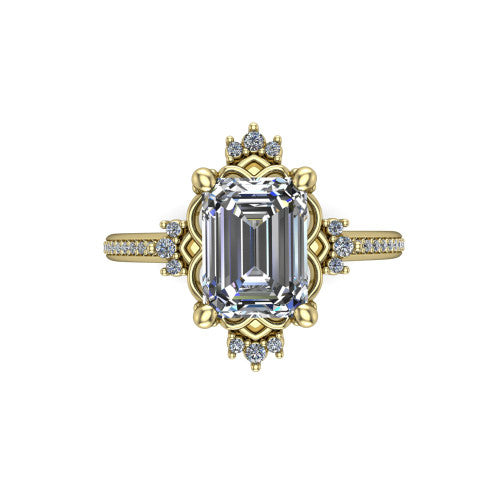 Jayla emerald solitaire engagement ring in 18K Yellow Gold, top-down view showing the step-cut emerald center diamond framed by scalloped floral petals with accent diamonds