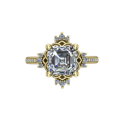 Jayla square emerald solitaire engagement ring in 14K Yellow Gold, top-down view showing the step-cut square emerald center diamond framed by scalloped floral petals with accent diamonds