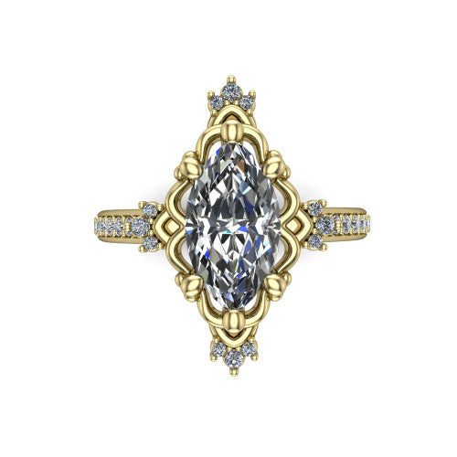 Jayla marquise solitaire engagement ring in 14K Yellow Gold, top-down view showing the brilliant marquise center diamond framed by scalloped floral petals with accent diamonds
