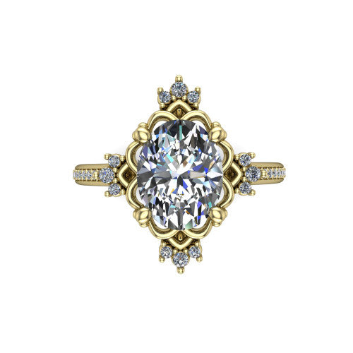 Jayla oval solitaire engagement ring in 18K Yellow Gold, top-down view showing the brilliant oval center diamond framed by scalloped floral petals with accent diamonds