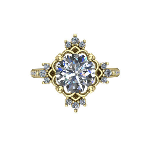 Jayla round solitaire engagement ring in 14K Yellow Gold, top-down view showing the brilliant round center diamond framed by scalloped floral petals with accent diamonds