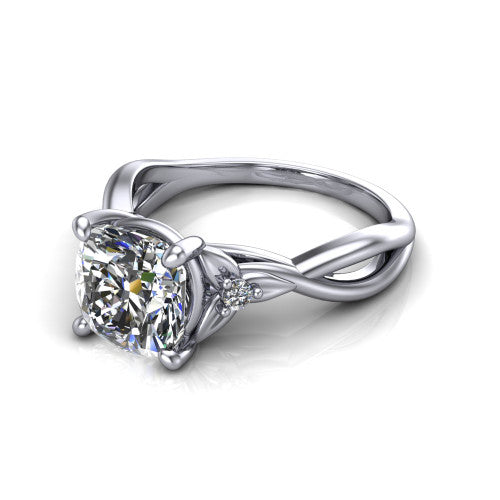 Catalina cushion three stone engagement ring in 14K White Gold, three-quarter perspective showing the brilliant cushion-cut center diamond flanked by two round side accent diamonds on a twisted infinity shank