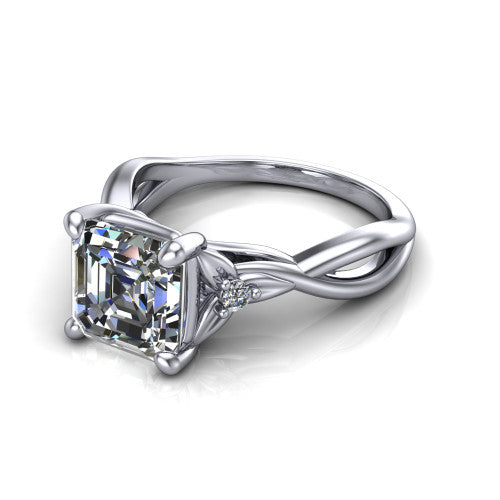 Catalina square emerald three stone engagement ring in 18K White Gold, three-quarter perspective showing the step-cut square emerald center diamond flanked by two round side accent diamonds on a twisted infinity shank