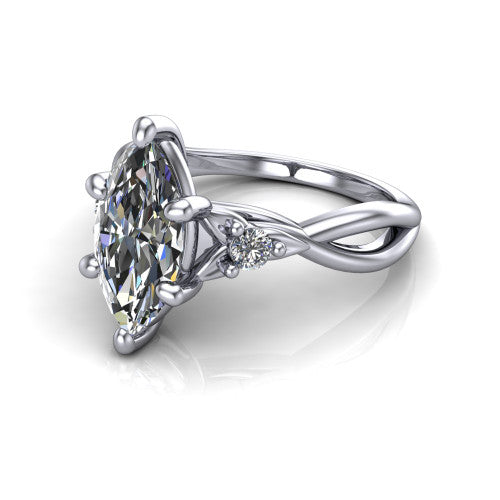 Catalina marquise three stone engagement ring in 18K White Gold, three-quarter perspective showing the brilliant marquise center diamond flanked by two round side accent diamonds on a twisted infinity shank