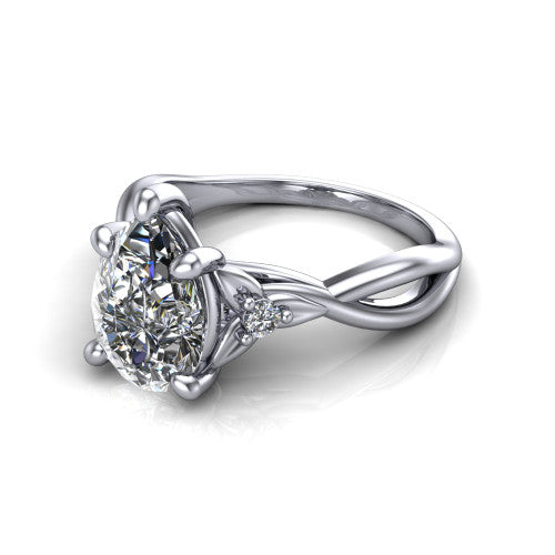 Catalina pear three stone engagement ring in Platinum, three-quarter perspective showing the brilliant pear-cut center diamond flanked by two round side accent diamonds on a twisted infinity shank