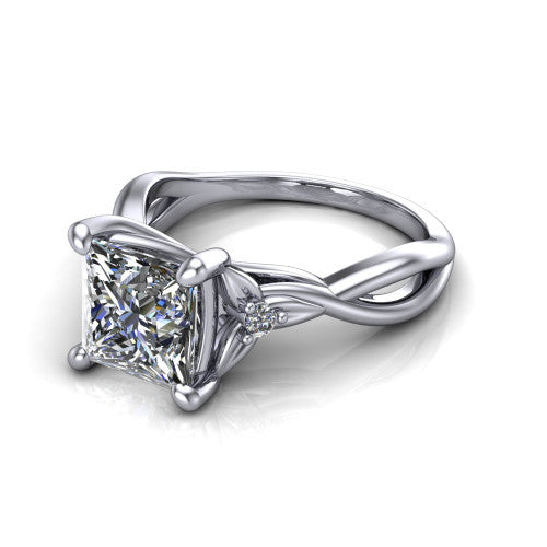 Catalina princess three stone engagement ring in 14K White Gold, three-quarter perspective showing the brilliant princess-cut center diamond flanked by two round side accent diamonds on a twisted infinity shank