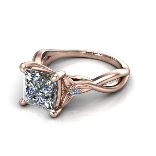 Catalina princess three stone engagement ring in 18K Rose Gold, three-quarter perspective showing the brilliant princess-cut center diamond flanked by two round side accent diamonds on a twisted infinity shank