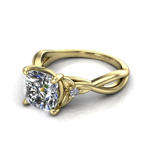 Catalina cushion three stone engagement ring in 18K Yellow Gold, three-quarter perspective showing the brilliant cushion-cut center diamond flanked by two round side accent diamonds on a twisted infinity shank