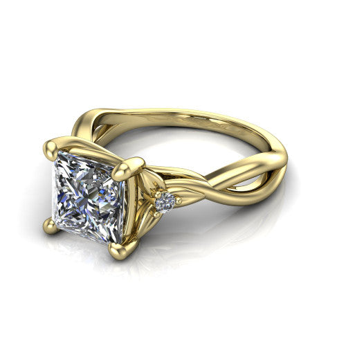 Catalina princess three stone engagement ring in 18K Yellow Gold, three-quarter perspective showing the brilliant princess-cut center diamond flanked by two round side accent diamonds on a twisted infinity shank