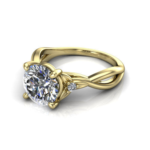 Catalina round three stone engagement ring in 18K Yellow Gold, three-quarter perspective showing the brilliant round center diamond flanked by two round side accent diamonds on a twisted infinity shank