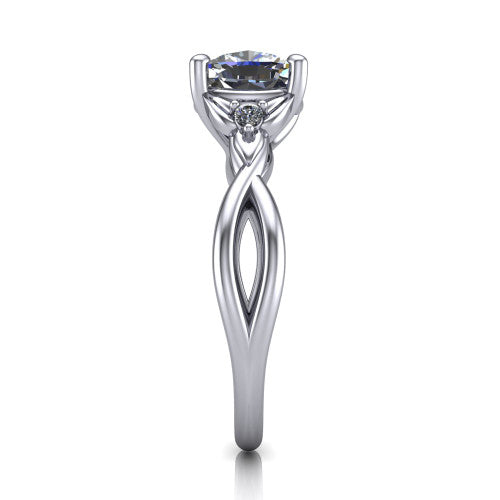 Catalina cushion three stone engagement ring in 14K White Gold, side profile showing the twisted infinity shank braiding beneath the head into a polished band
