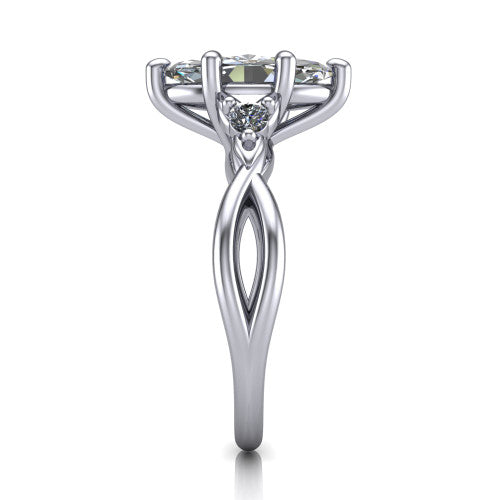 Catalina marquise three stone engagement ring in 18K White Gold, side profile showing the twisted infinity shank braiding beneath the head into a polished band