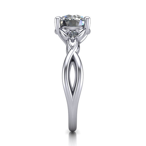 Catalina round three stone engagement ring in 18K White Gold, side profile showing the twisted infinity shank braiding beneath the head into a polished band