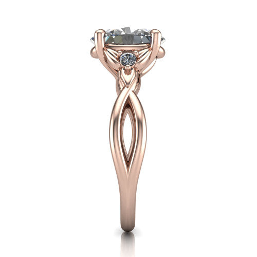 Catalina oval three stone engagement ring in 14K Rose Gold, side profile showing the twisted infinity shank braiding beneath the head into a polished band