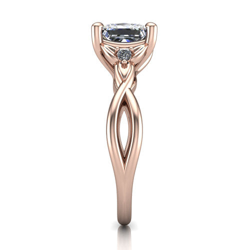 Catalina princess three stone engagement ring in 14K Rose Gold, side profile showing the twisted infinity shank braiding beneath the head into a polished band