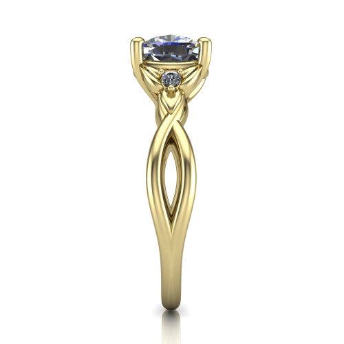 Catalina cushion three stone engagement ring in 14K Yellow Gold, side profile showing the twisted infinity shank braiding beneath the head into a polished band