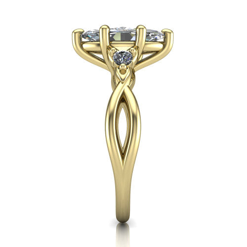 Catalina marquise three stone engagement ring in 18K Yellow Gold, side profile showing the twisted infinity shank braiding beneath the head into a polished band
