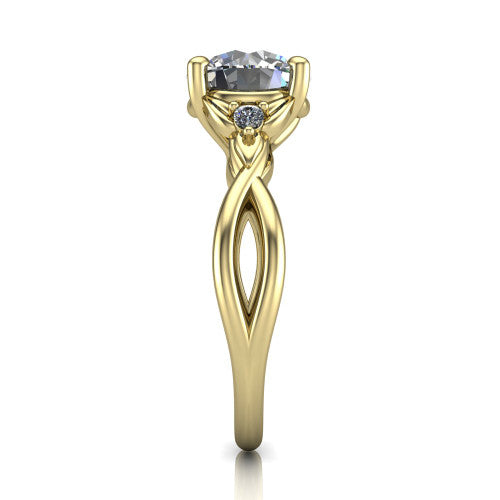 Catalina round three stone engagement ring in 18K Yellow Gold, side profile showing the twisted infinity shank braiding beneath the head into a polished band
