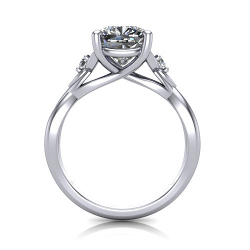 Catalina cushion three stone engagement ring in 18K White Gold, through-finger front profile showing the three-stone head and woven infinity shank