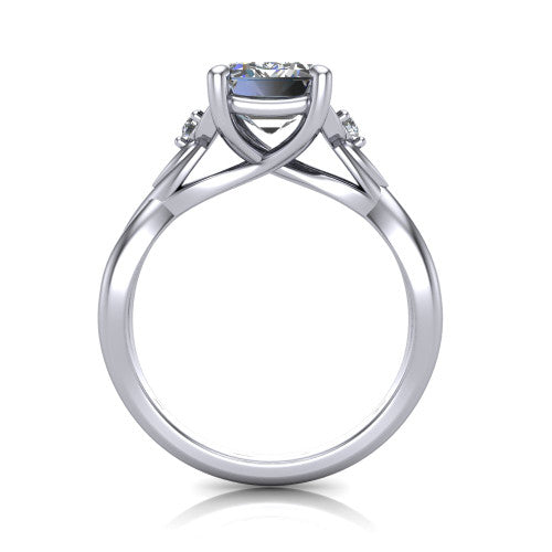 Catalina emerald three stone engagement ring in Platinum, through-finger front profile showing the three-stone head and woven infinity shank