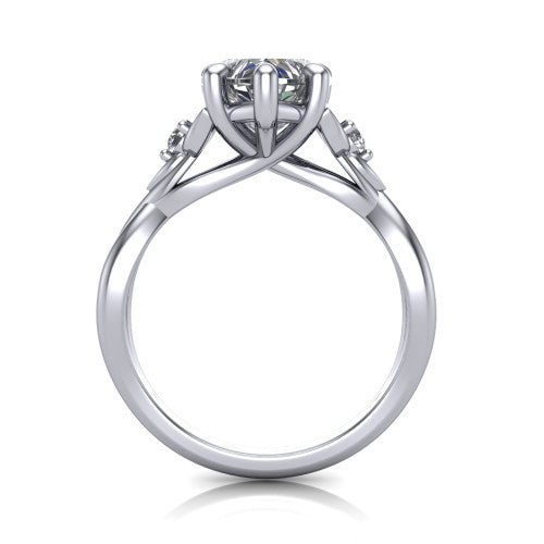 Catalina heart three stone engagement ring in 18K White Gold, through-finger front profile showing the three-stone head and woven infinity shank
