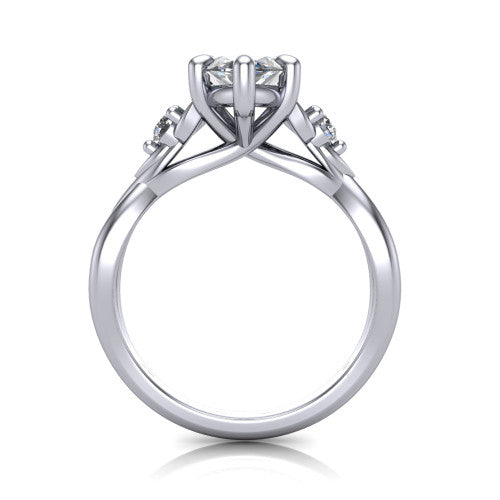Catalina marquise three stone engagement ring in Platinum, through-finger front profile showing the three-stone head and woven infinity shank