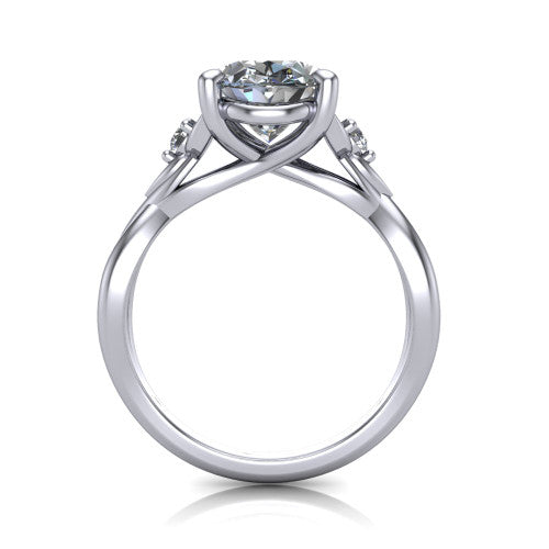Catalina oval three stone engagement ring in 18K White Gold, through-finger front profile showing the three-stone head and woven infinity shank