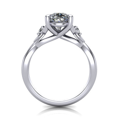 Catalina pear three stone engagement ring in 14K White Gold, through-finger front profile showing the three-stone head and woven infinity shank