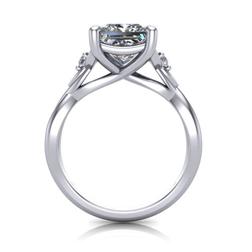 Catalina princess three stone engagement ring in 14K White Gold, through-finger front profile showing the three-stone head and woven infinity shank