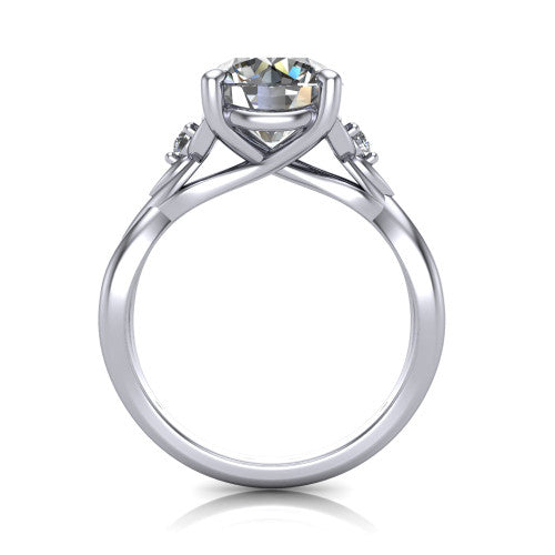 Catalina round three stone engagement ring in Platinum, through-finger front profile showing the three-stone head and woven infinity shank