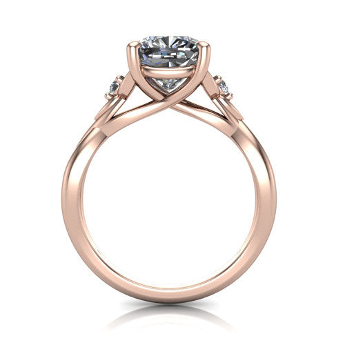 Catalina cushion three stone engagement ring in 18K Rose Gold, through-finger front profile showing the three-stone head and woven infinity shank