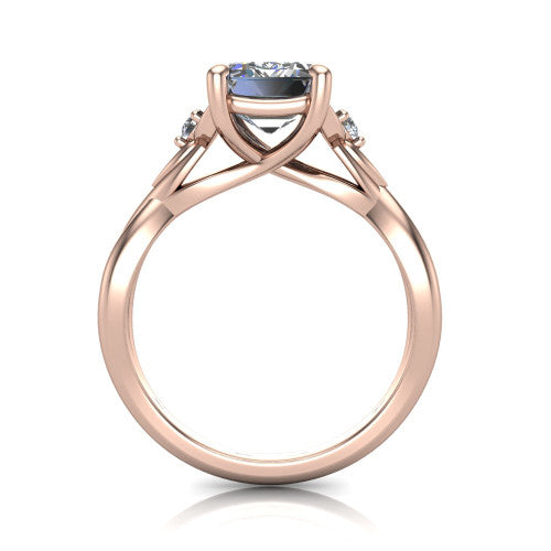 Catalina emerald three stone engagement ring in 18K Rose Gold, through-finger front profile showing the three-stone head and woven infinity shank