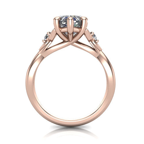Catalina heart three stone engagement ring in 14K Rose Gold, through-finger front profile showing the three-stone head and woven infinity shank