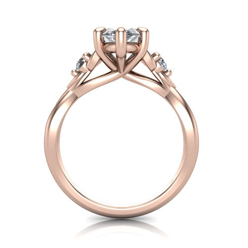 Catalina marquise three stone engagement ring in 14K Rose Gold, through-finger front profile showing the three-stone head and woven infinity shank