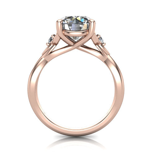 Catalina round three stone engagement ring in 18K Rose Gold, through-finger front profile showing the three-stone head and woven infinity shank